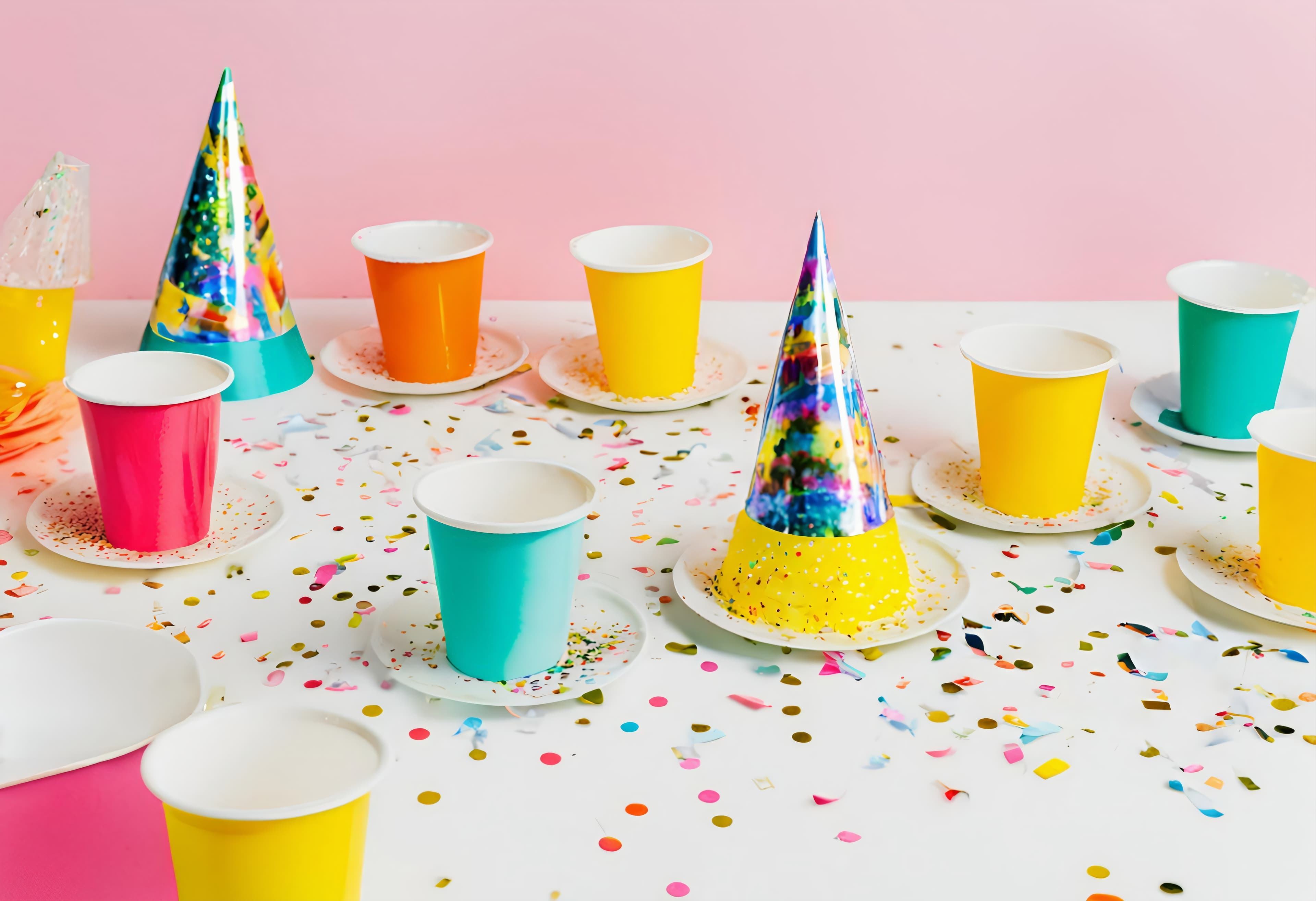 Colourful party table with hats and confetti