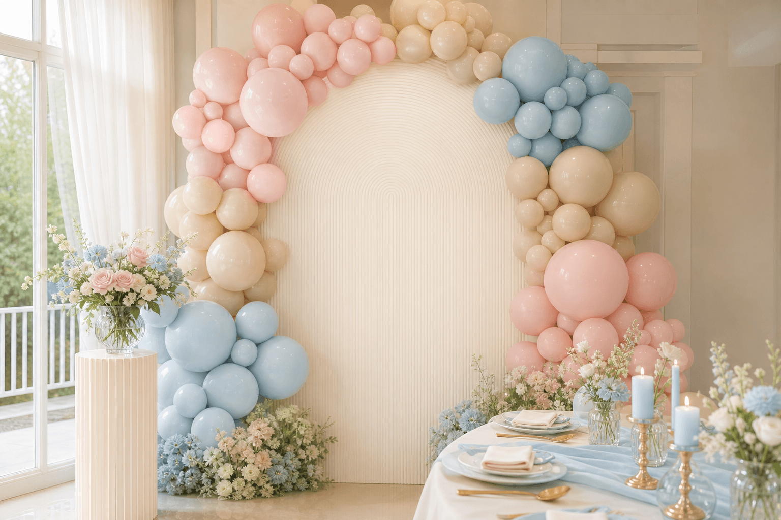 Pastel balloon arch with rainbow garland