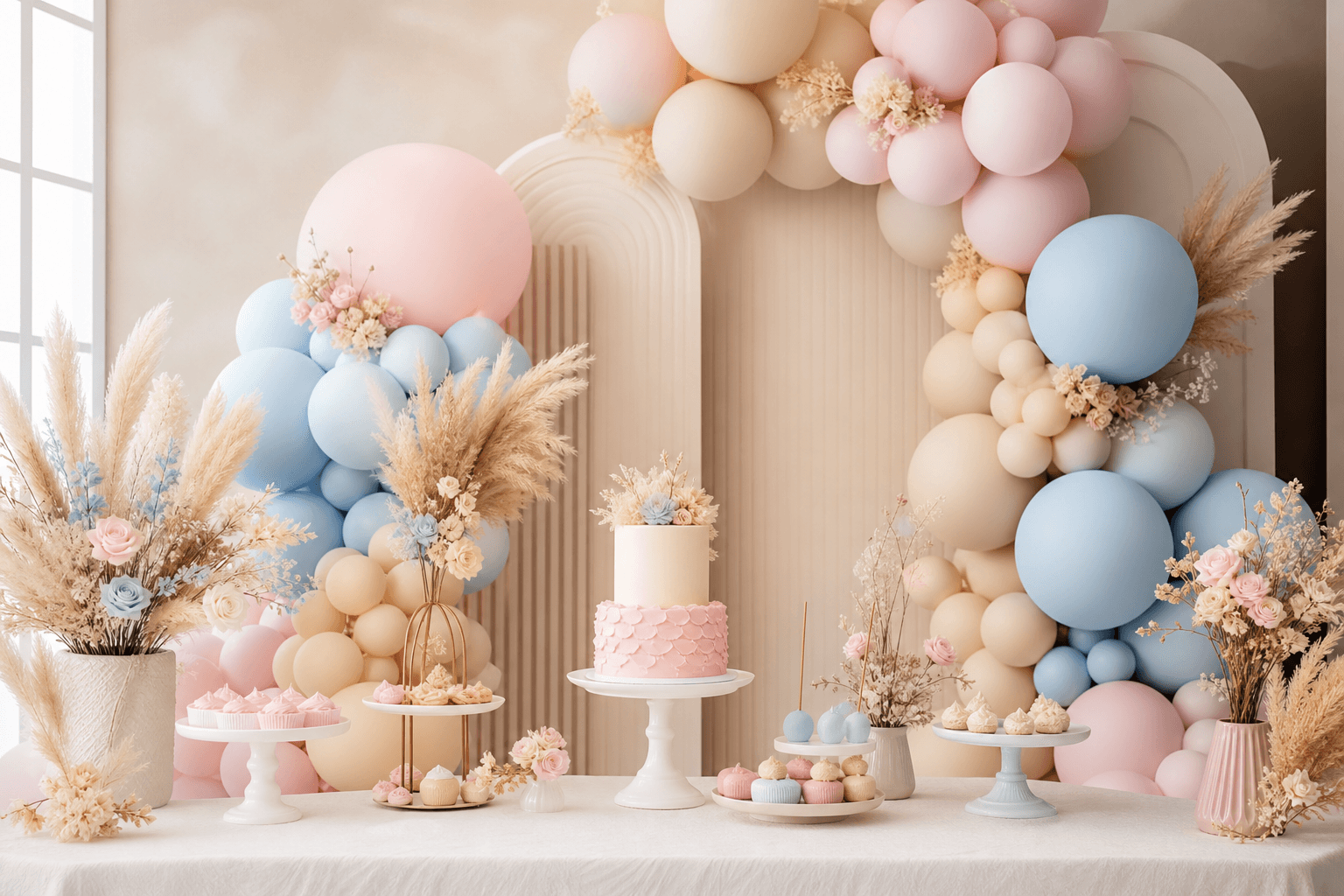 Dessert table with balloon backdrop and cake